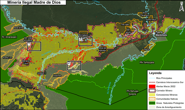 Imágenes satelitales muestran pérdida de bosques en Tambopata y comunidades por minería aurífera