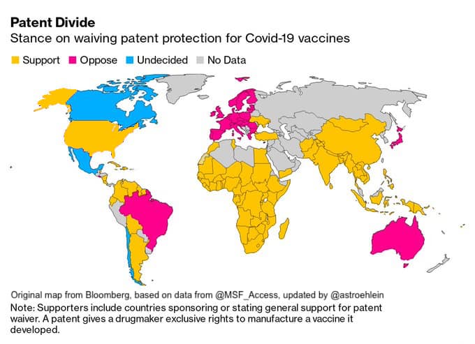 Mapa de los países que apoyan la suspensión de patentes de las vacunas contra el COVID-19